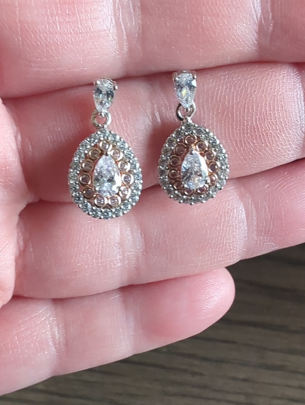 Elegant Rose Gold and Silver Teardrop CZ Drop Earrings